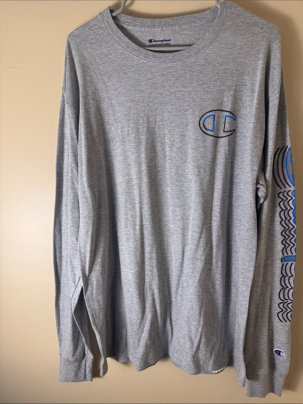 Champion Gray Long-Sleeve Logo Tee with Blue Accent